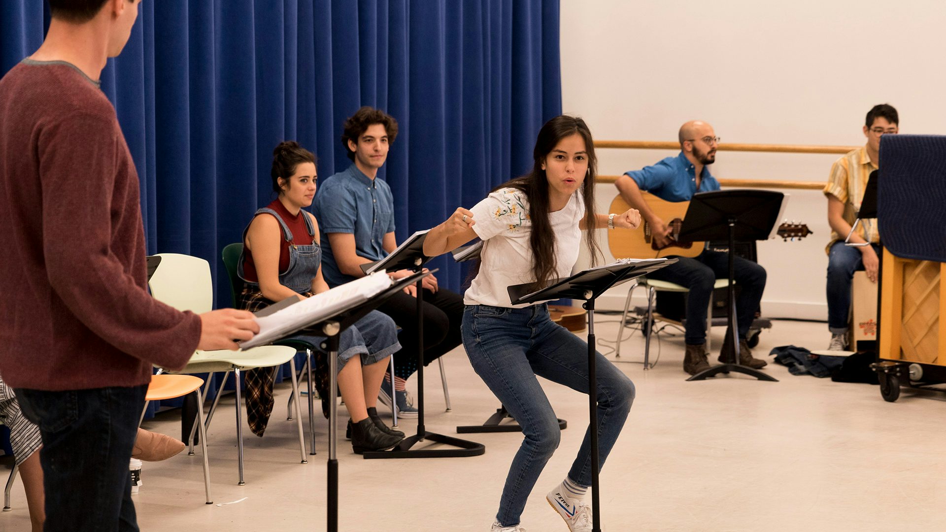 The artists from New Victory LabWorks project, Fountain, a New Musical, in a rehearsal at New 42 Studios.