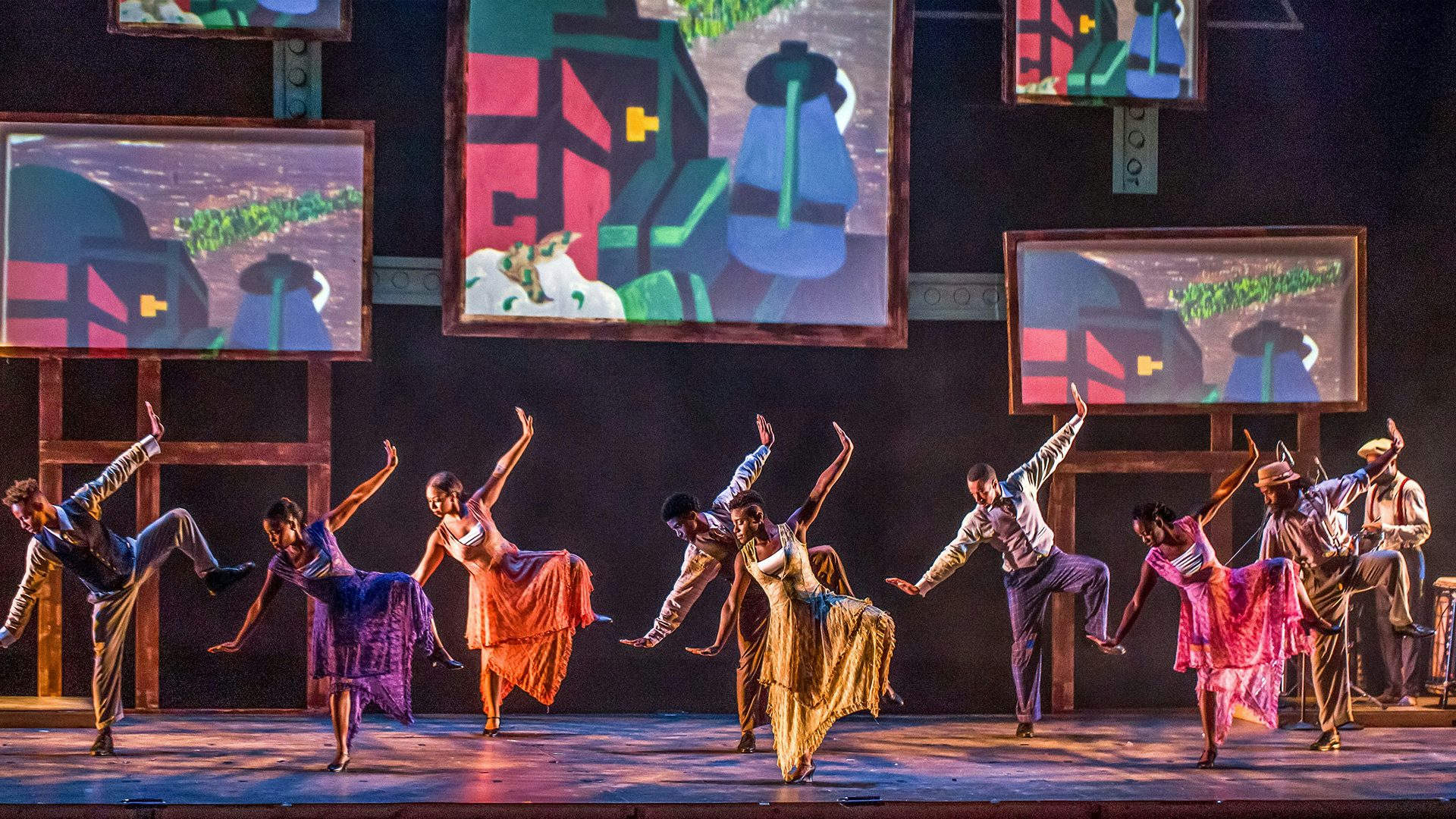 The company of Step Afrika! in a dance from their production of The Migration: Reflections on Jacob Lawrence.
