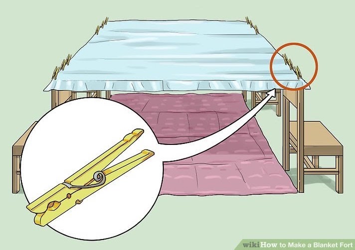 A diagram illustrating how to use clothespins to secure your sound fort!