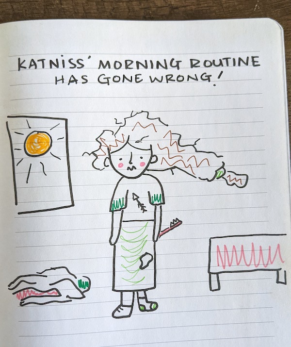 A drawing of Katniss Everdeen's morning gone wrong