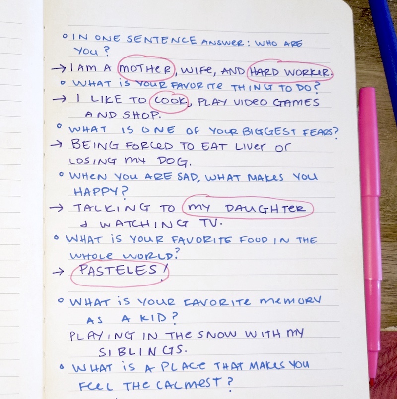 A handwritten list of questions and their corresponding answers