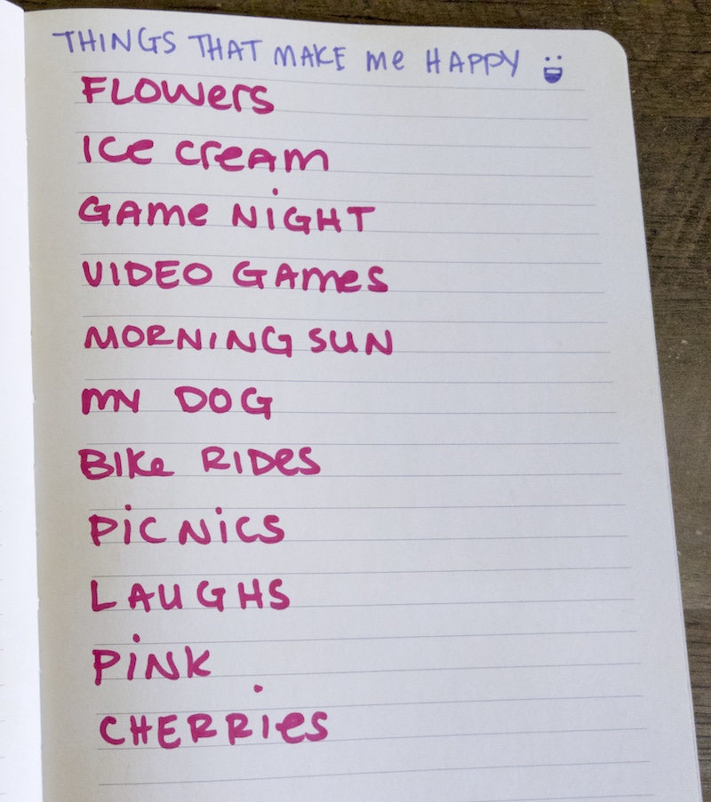 A handwritten list of things that make someone happy