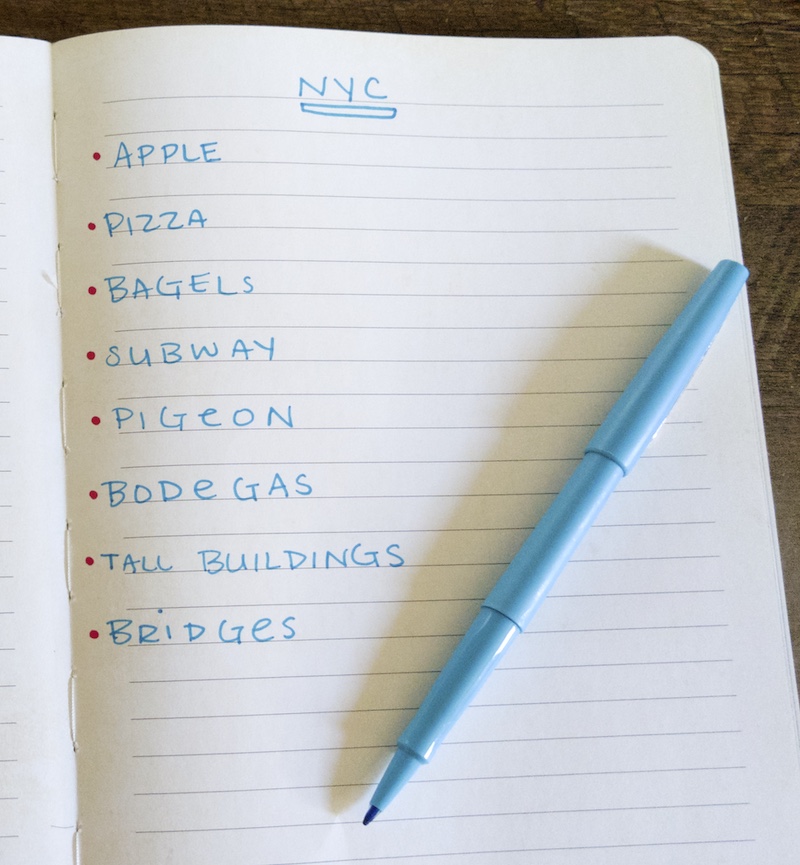 A handwritten list of NYC-related items