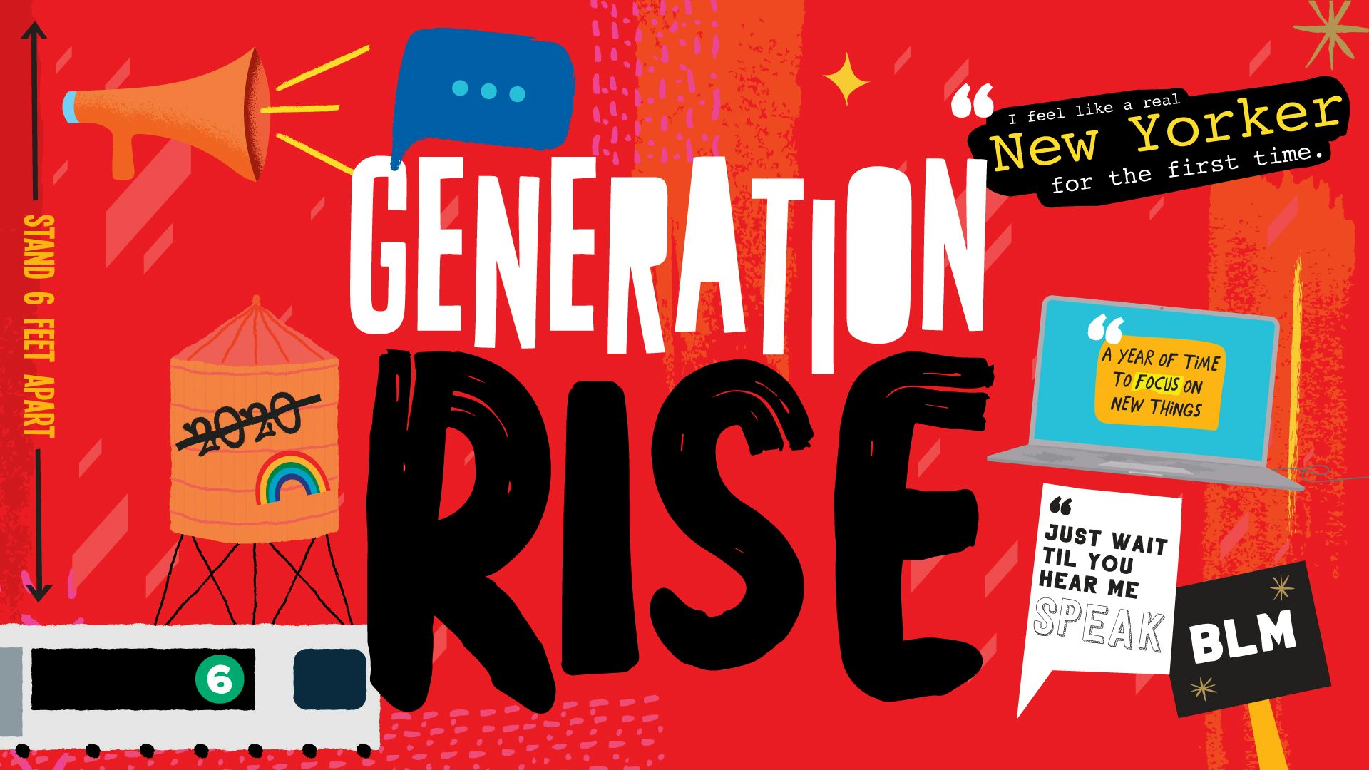Generation Rise title illustration featuring subway, protest signs and symbols of NYC on a red background
