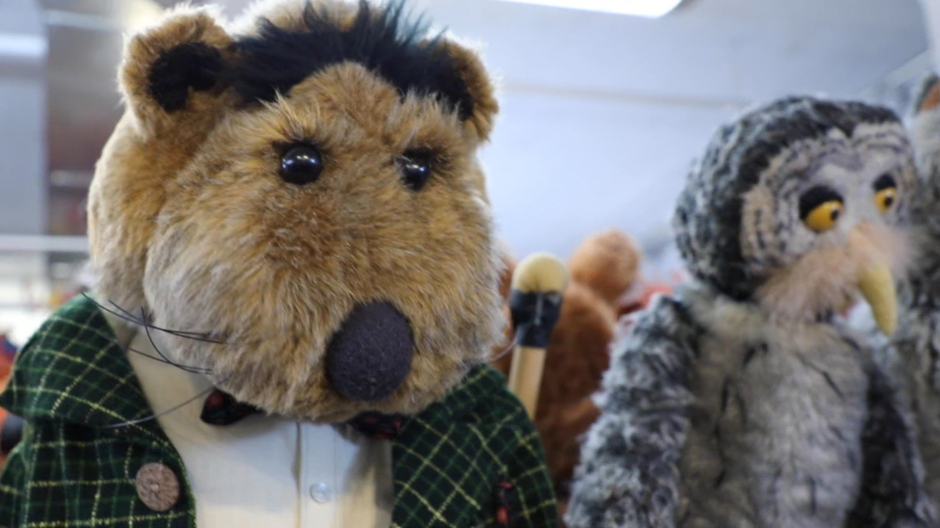 Pa Otter puppet and owl puppet inside the Jim Henson Creature Shop.