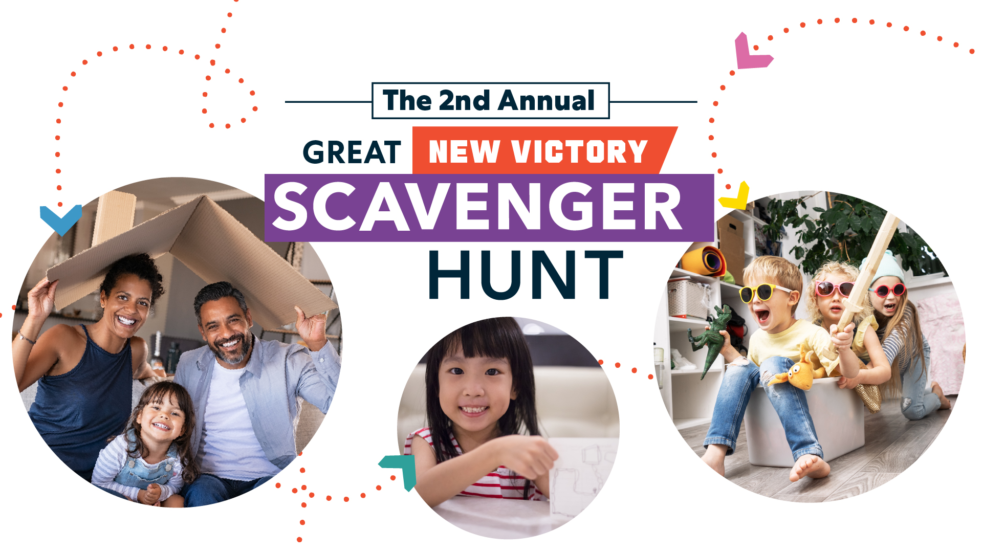 Collage of three families completing missions in a scavenger hunt