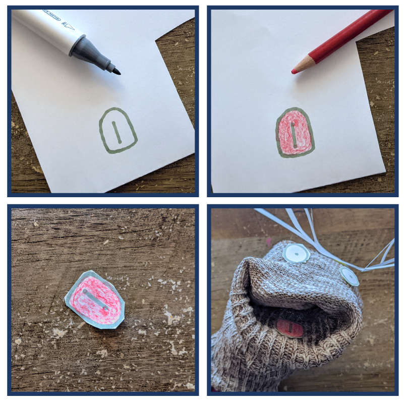 Draw, color, cut and tape a small sock puppet tongue.
