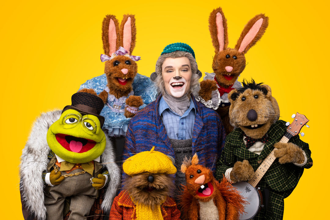 A promotional image for Emmet Otter featuring Emmet and his puppet pals