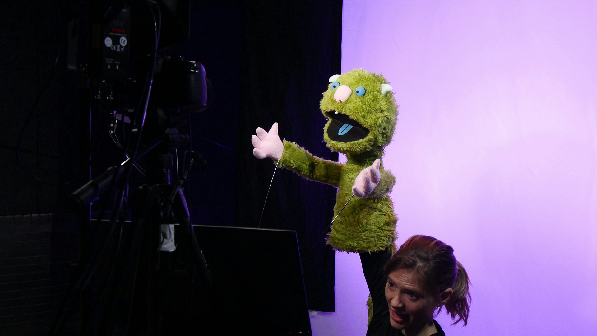 Leonardo, a rod and hand puppet, talks to the camera.