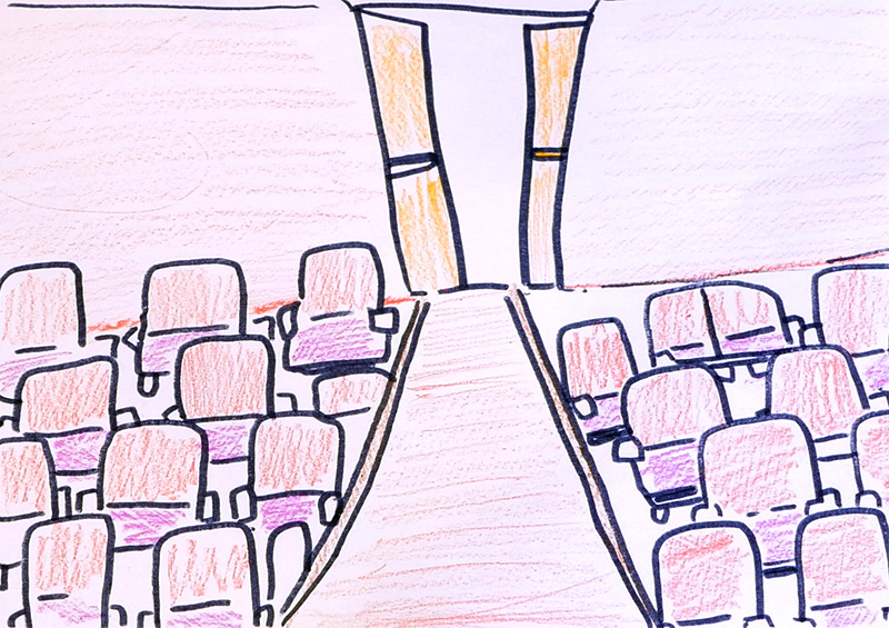 Illustration of theater orchestra seats, with a central aisle leading to the door