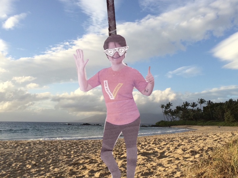 Puppet Renata wearing sunglasses on a Maui beach
