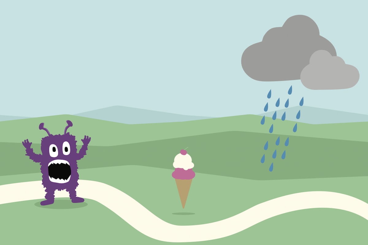 Template scene, with a monster, ice cream cone and rainstorm as obstacles