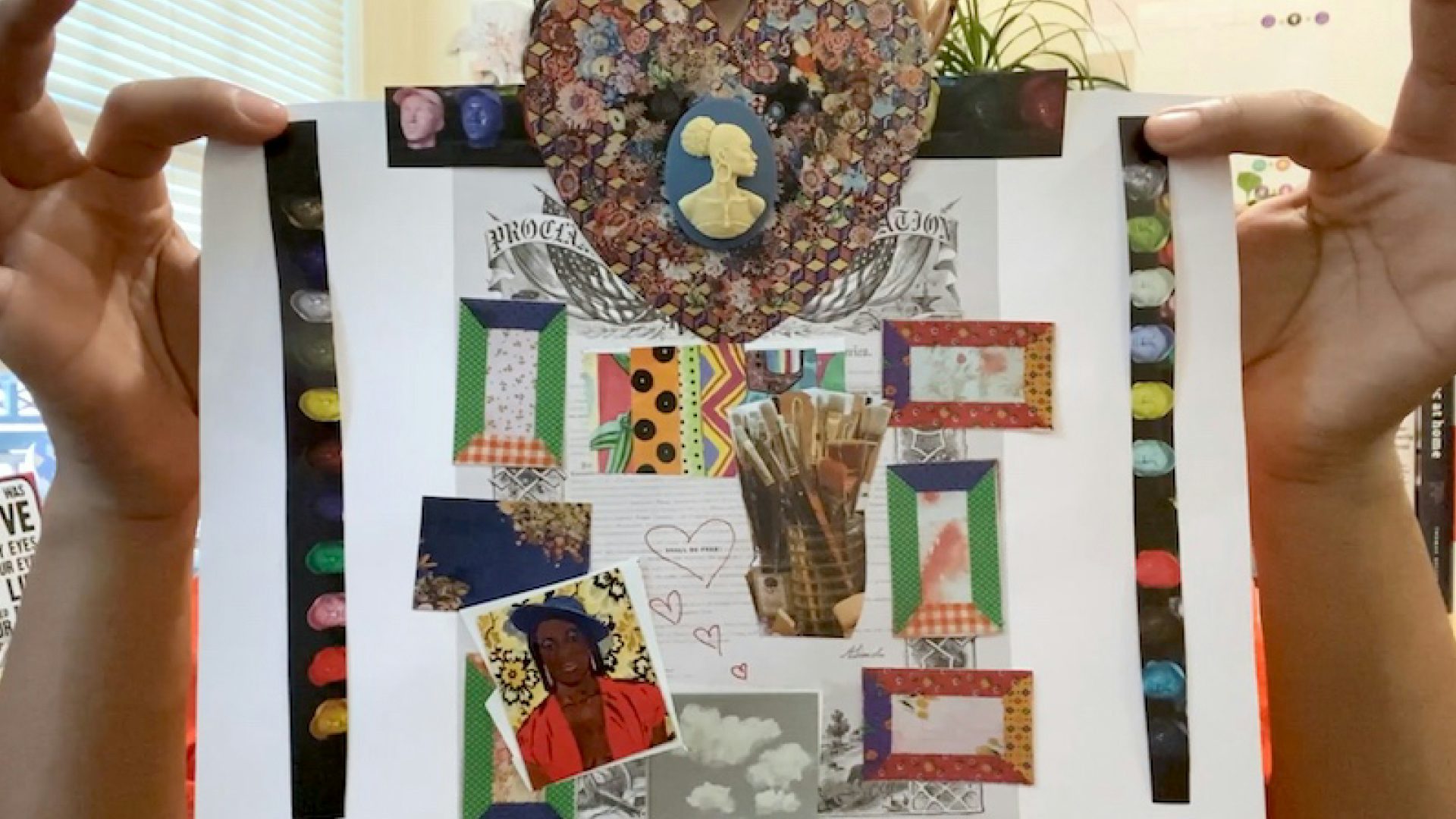 Artistic, colorful collage featuring quilt patterns, a photo of paintbrushes, writing, clouds, among other images.