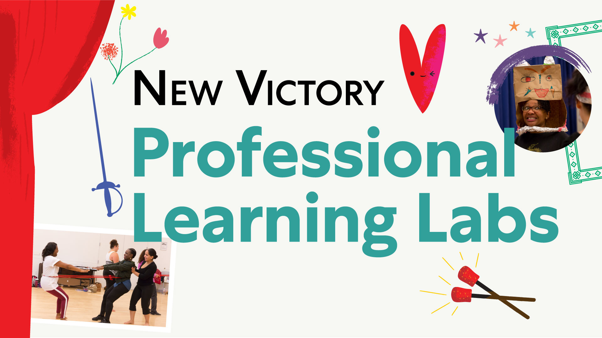A graphic that reads, "New Victory Professional Learning Labs" with a photo of teachers using a stretch band and another photo of a student in a homemade mask made out of brown paper bag.
