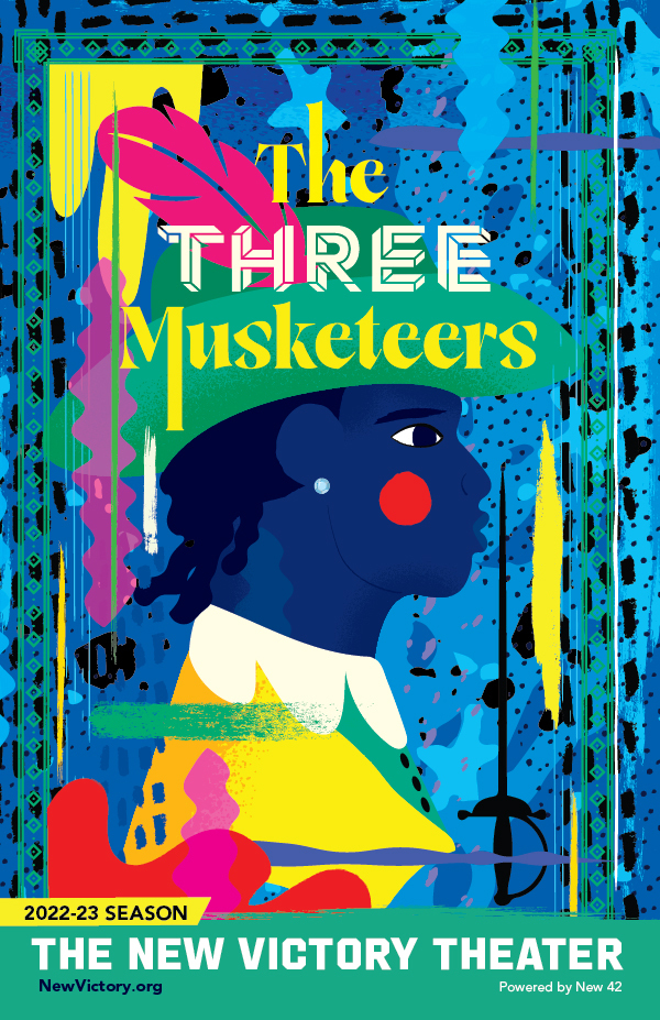 An illustration of a man with dreadlocks and an earring, wearing a hat with a feather and text that says "The Three Musketeers."