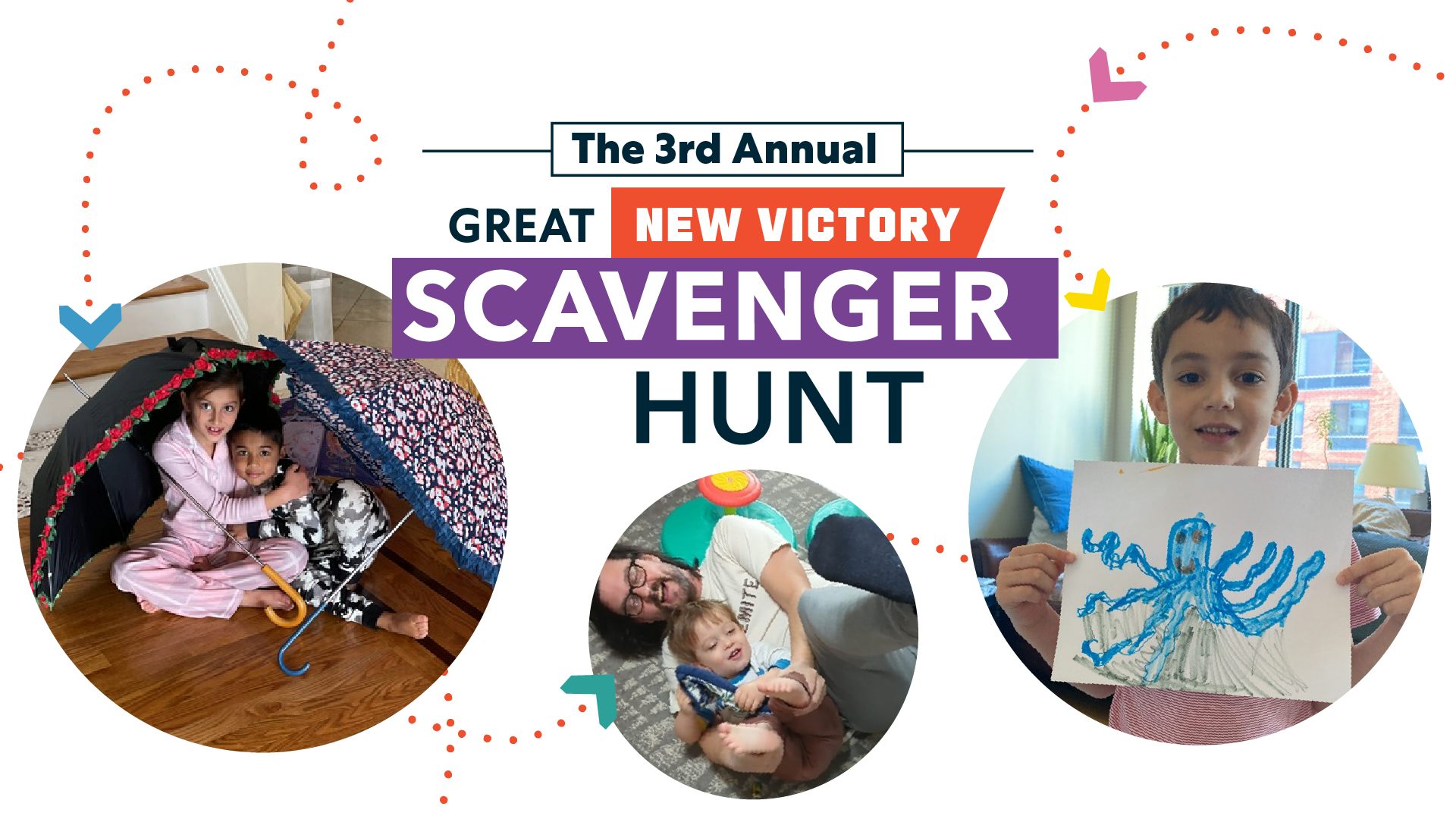 Collage of a family and two children completing missions in a scavenger hunt.