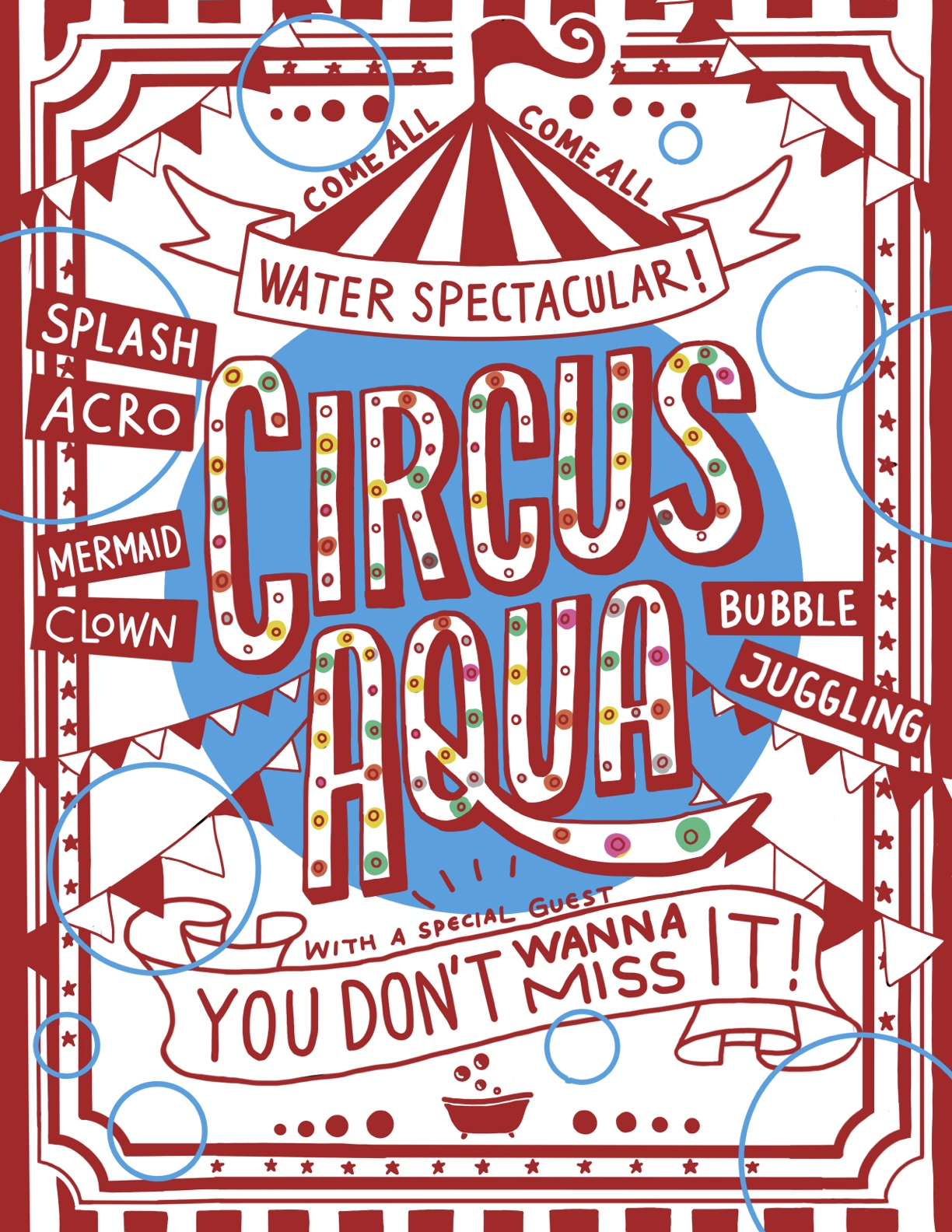Circus poster for Circus Aqua Water Spectacular, featuring splash acro, bubble juggling and a mermaid clown!