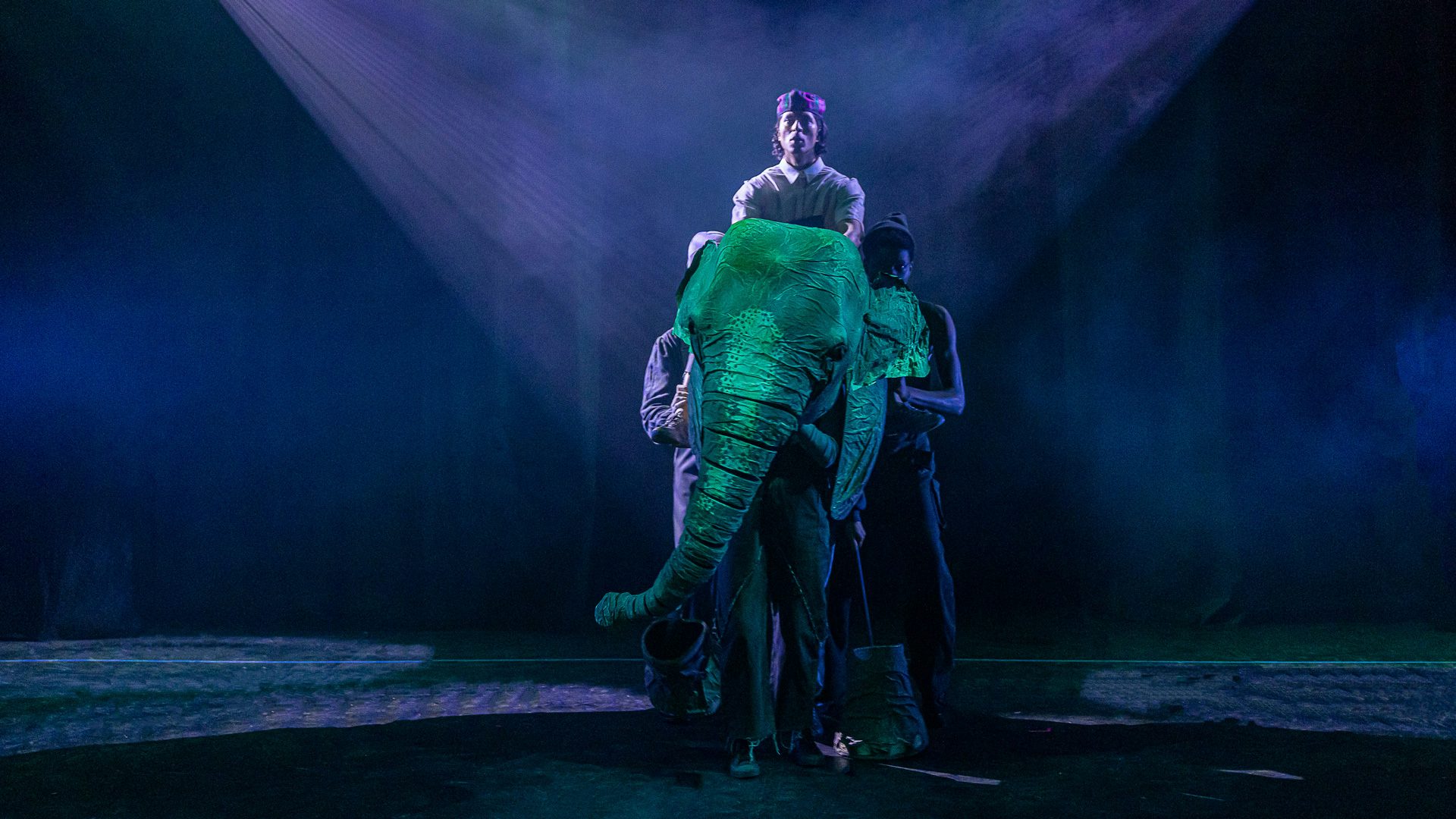 Person riding on the back of a large elephant puppet