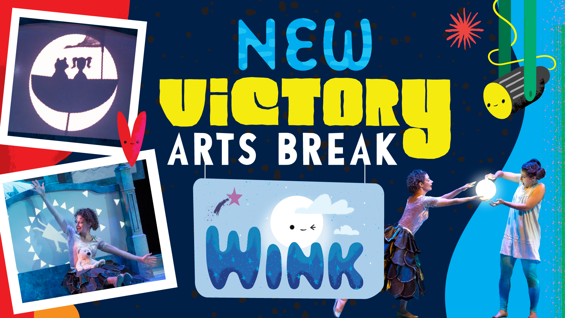 New Victory Arts Break: Wink, surrounded by photos of shadow puppetry and performance