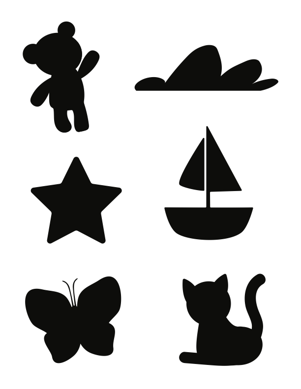 Six shadow puppet shapes: A teddy bear, a cloud, a star, a sailboat, a butterfly and a cat