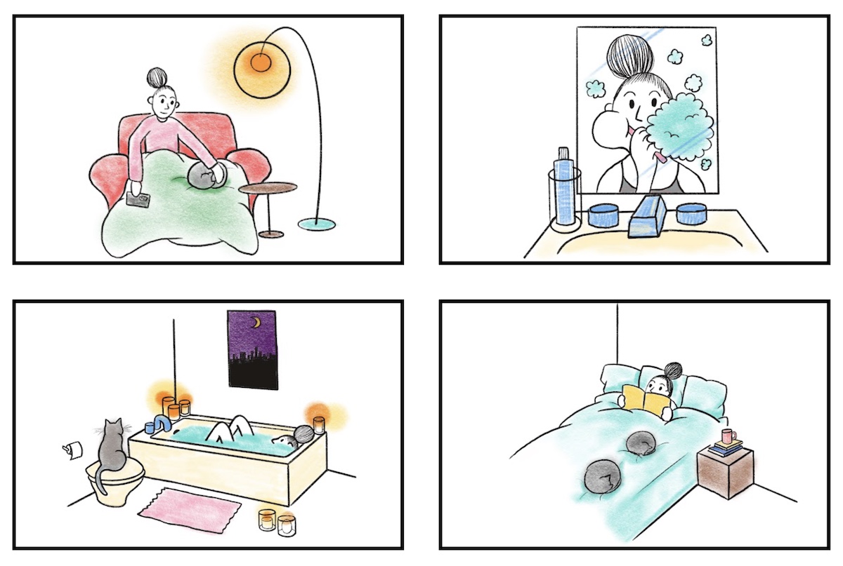 Four panels depicting Mana's bedtime routine, illustrated in colored pencil, with guest appearances by her cats.