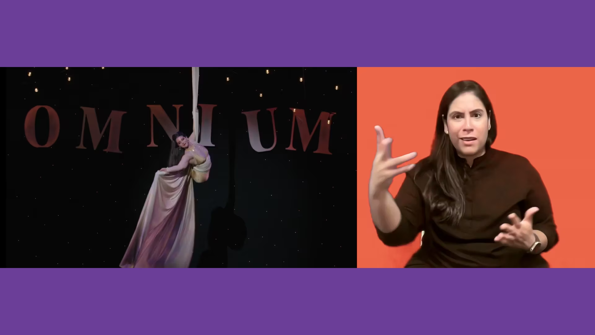 Two photos side by side: on the left, an aerialist suspended in midair in a white silk faces the audience in front of the letters 