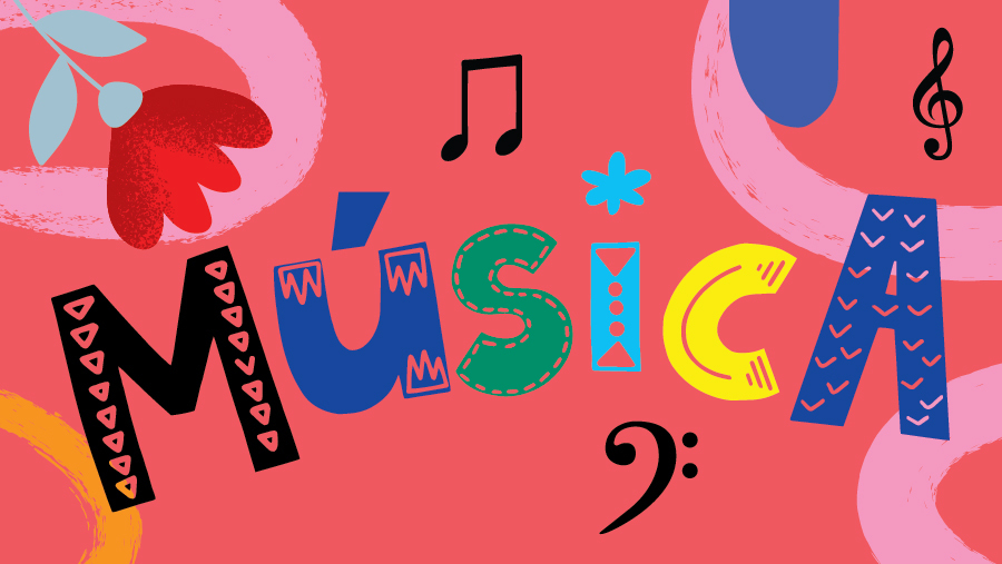 MUSICA title card with rainbow letters and black musical notation against a pink background