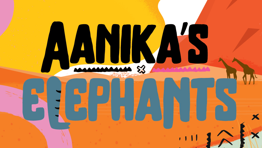 AANIKA'S ELEPHANTS title card with a background featuring a sunset and two clip art giraffes