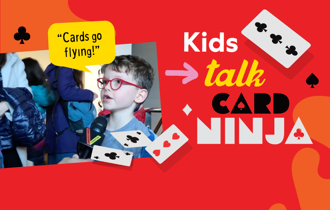 Kids Talk CARD NINJA with a boy wearing red glasses talking about the show to a microphone. He has a speech bubble that says 