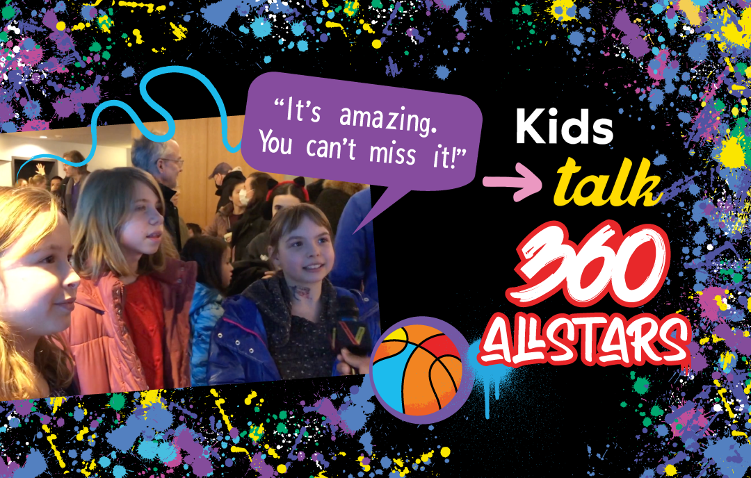 Kids Talk 360 ALLSTARS. Photo of three kids talking about the show with a green play button in the center and a speech bubble that reads 