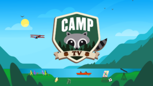 The green and beige Camp TV logo appears over a photo of a canoe on a lake in the woods.