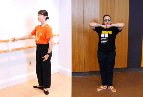 A looping plié GIF: Lauren bends both legs at the knee. Siobhan bends her knees and elbows, rising up and down.