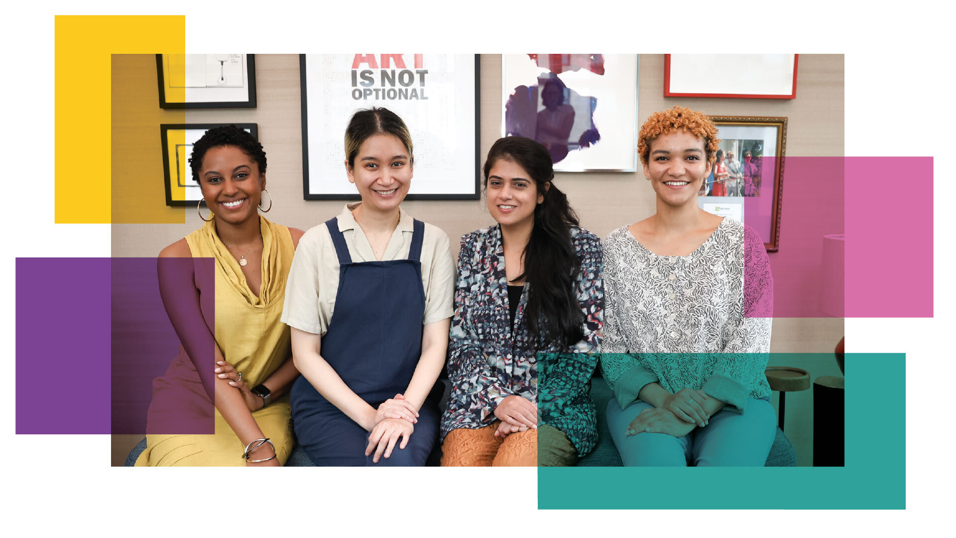 The four femme-identifying LabWorks Artists of the 2023-24 cohort sitting side by side and smiling at the camera with multicolor, transparent, rectangle graphics around them