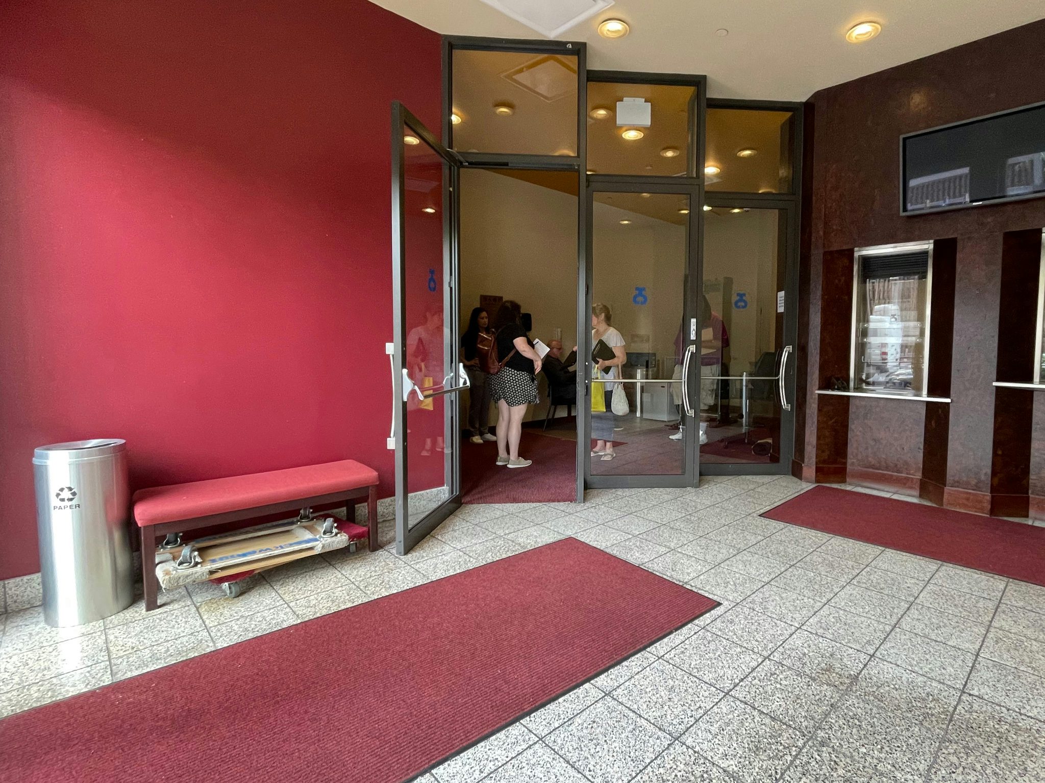 Lobby with doors to left to elevator and lobby