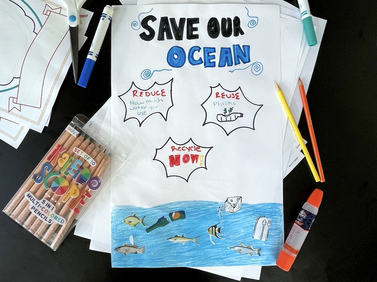 Preservation poster entitled "Save our ocean" with an illustration of the ocean and cutouts of fish and plastic waste. Handwritten callouts read "Reduce how much water you use," "Reuse plastic" and "Recycle now!"
