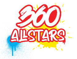 White text outlined in red that says "360 ALLSTARS" in front of yellow and blue splatter paint graphics