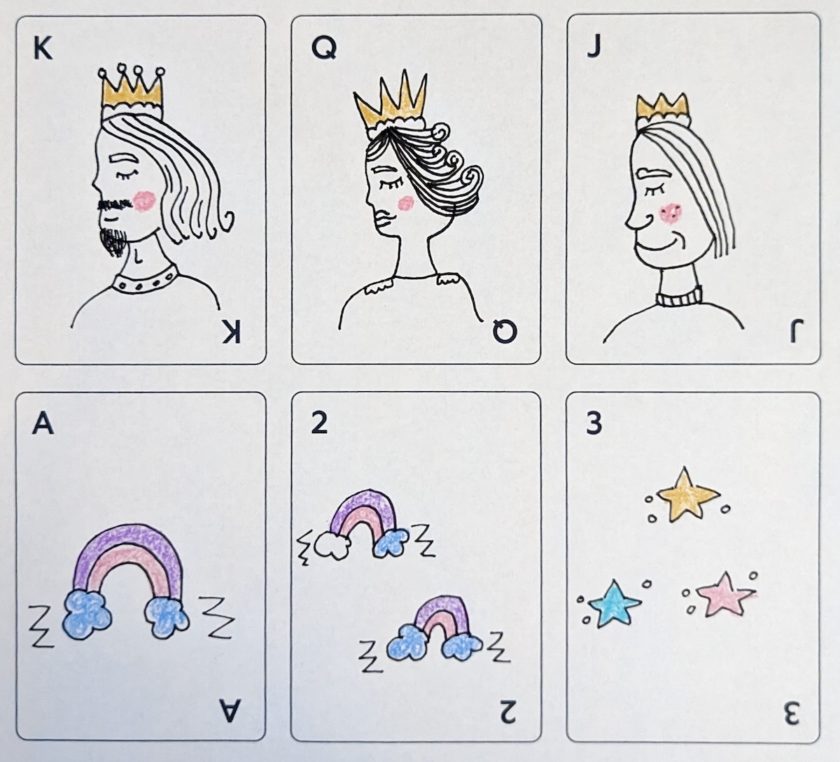 Siobhan's six cards: King dad, Queen mom, Jack uncle, Ace of rainbows, Two of rainbows, and Three of stars