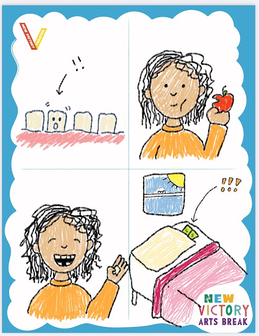 Four quadrants depicting the tooth story. 1. A smiling jiggly tooth. 2. A kid holding an apple with a bite taken out of it. 3. Smiling kid, one tooth in hand. 4. A bed with some money under the pillow.
