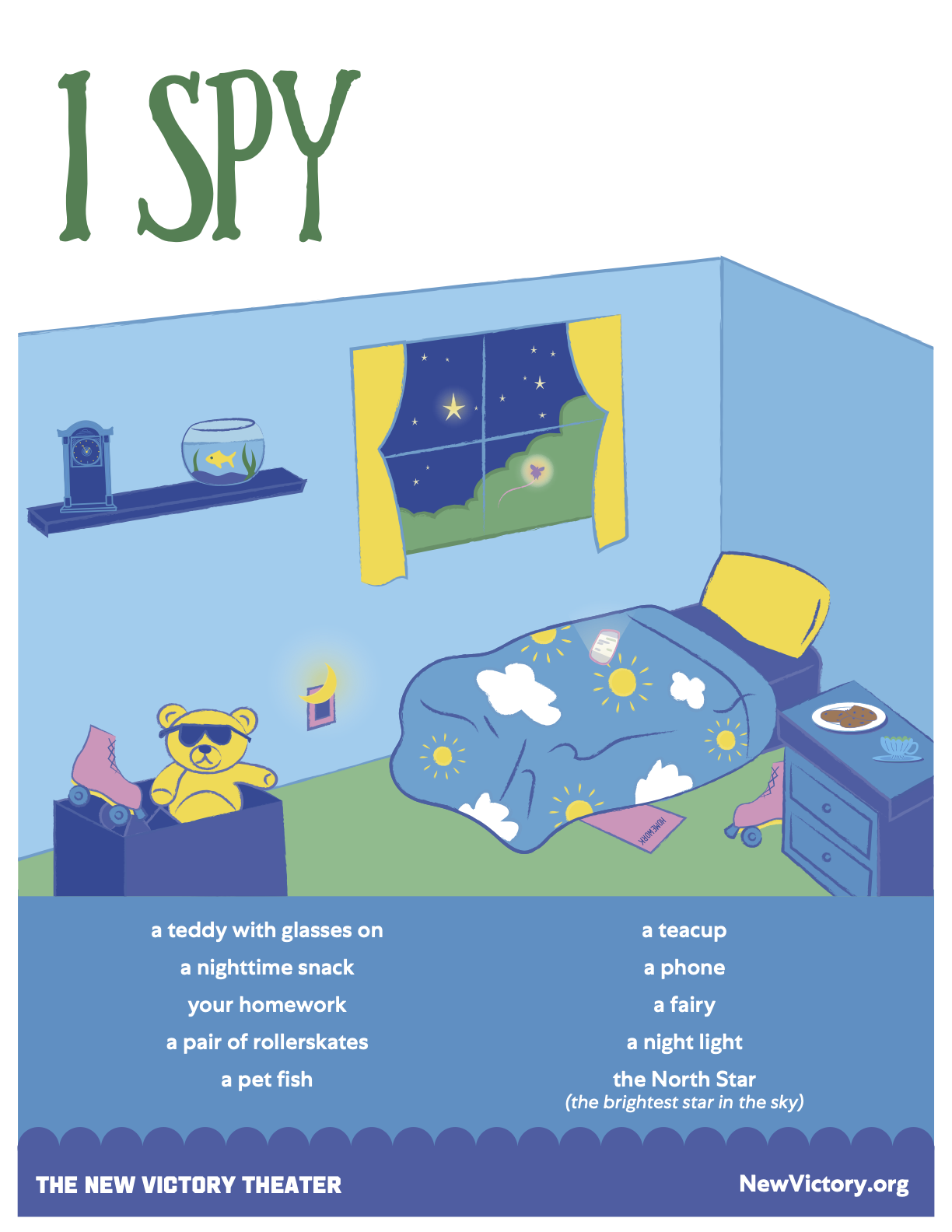 I Spy worksheet: an illustrated bedroom with the objects from the list scattered throughout