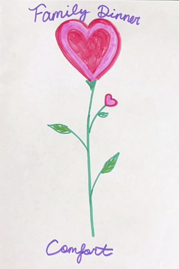 Jhaunay's symbol for ChelseaDee: A pink flower in the shape of a heart atop a long green stem, with "Family Dinner" and "Comfort" written above and below