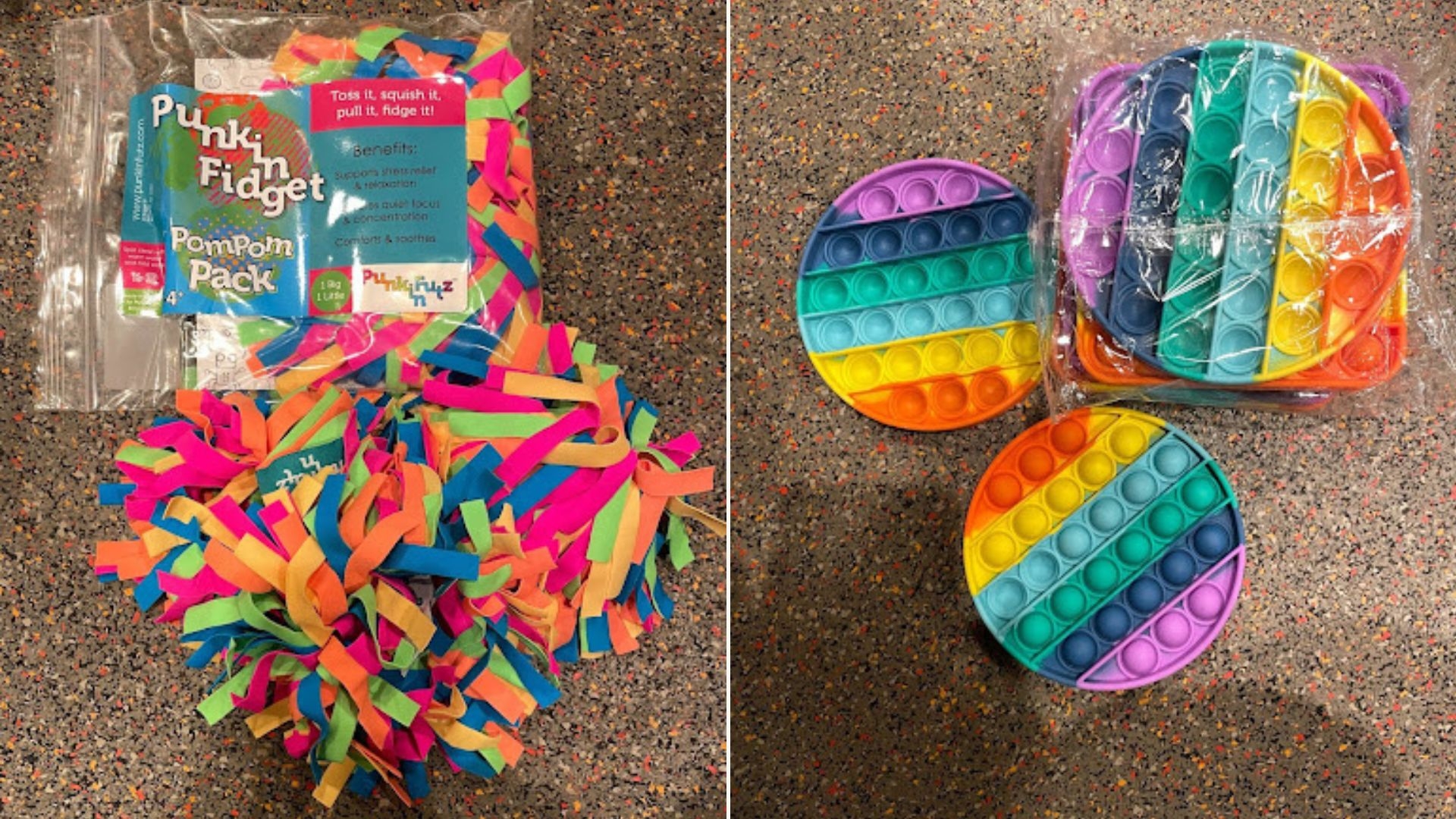 Two side-by-side images of colorful fidget toys. On the left are fabric pom poms and on the right are rainbow silicon bubble push poppers.