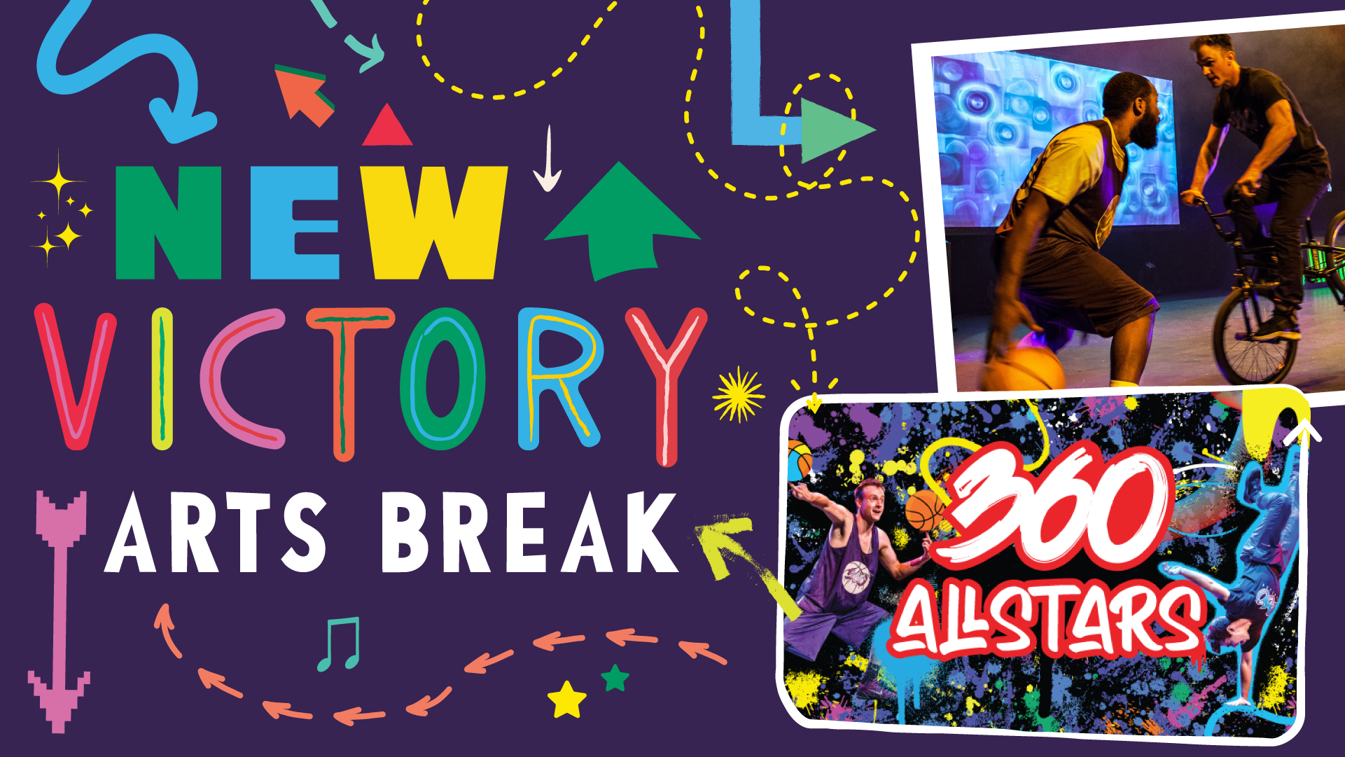 Illustrated title graphic with colorful arrows and a photo of a BMX rider and a man dribbling a basketball. The title reads “New Victory Arts Break: 360 ALLSTARS” with the latter portion in a rectangle styled with paint splatters and the title in white and red evoking graffiti.