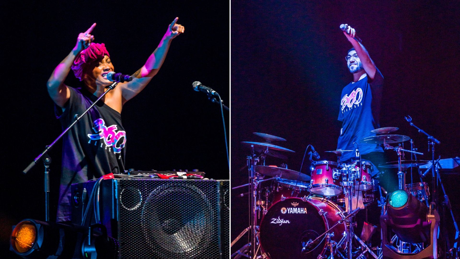 Photos of 2024 cast members Mirrah (left) in front of her DJ booth with her hands up and Gene Peterson (right) standing at his drum kit.