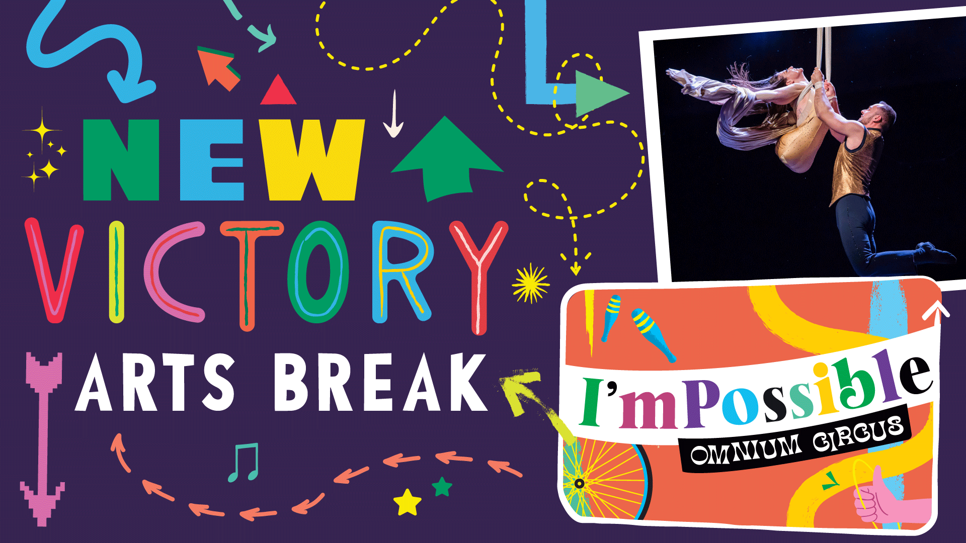 Colorful arrows surround a photo of two aerialists, one without legs, and an illustrated title that reads New Victory Arts Break: I'mPossible, the latter portion illustrated in letters of different colors surrounded by juggling pins, spoked wheels and a thumbs up.
