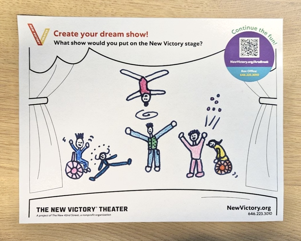 An illustrated circus on a printed worksheet—the worksheet features a stage with curtains, and the illustration includes two performers in wheelchairs, one juggler, one gymnast in a split, and two acrobats centerstage. The flying acrobat is upside down, and the base acrobat is dizzy.