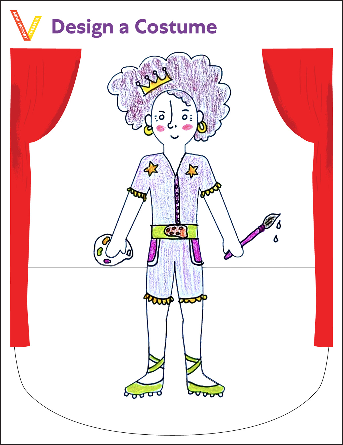Character illustration of a middle-aged artist in a purple jumpsuit with a crown in her big head of hair and a paintbrush and palette in her hands.