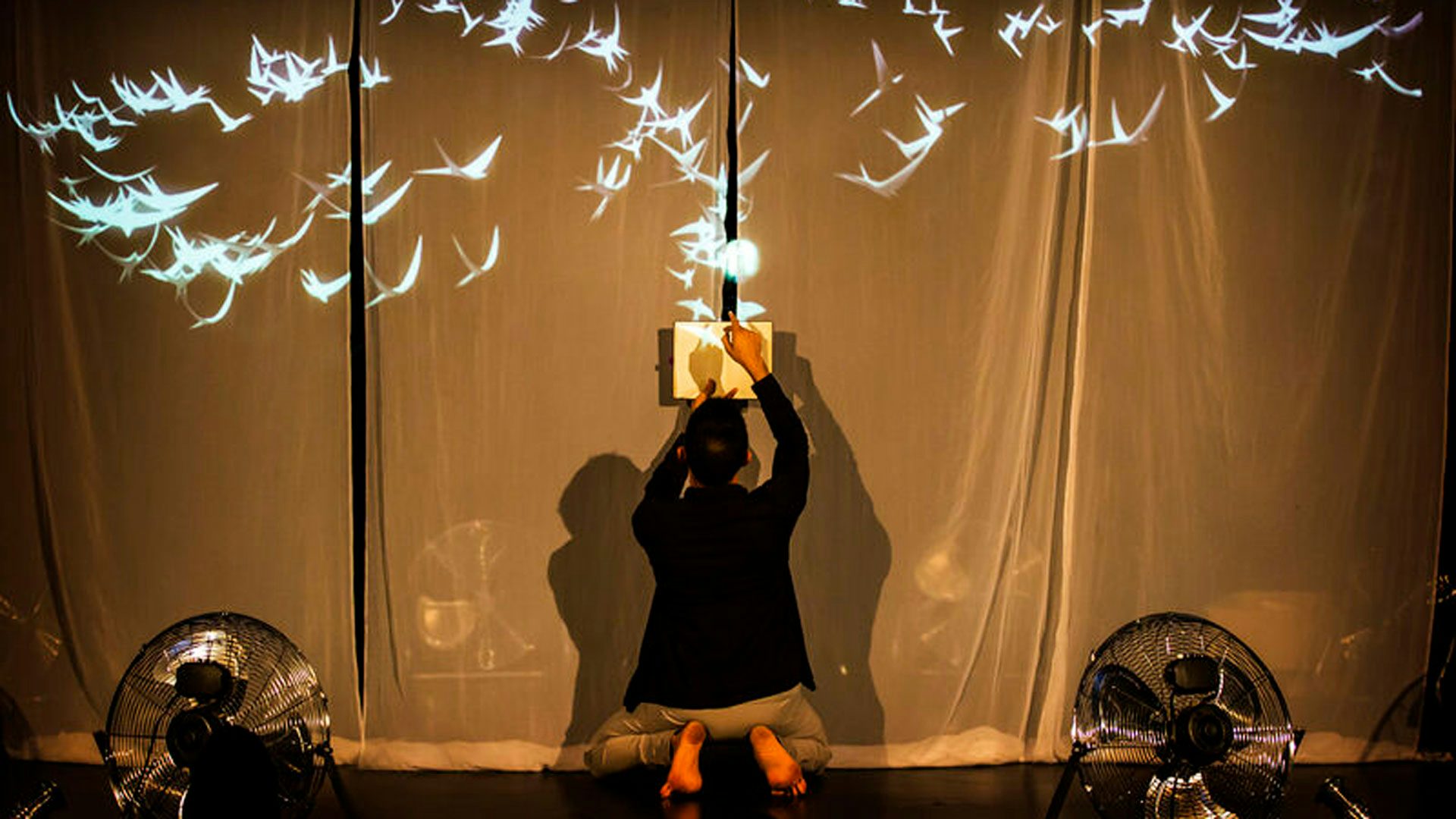 A performer kneels away from the camera on a stage and holds open a notebook above their head. Sheer curtains hang behind the performer while projections of white paper birds interact with the notebook.