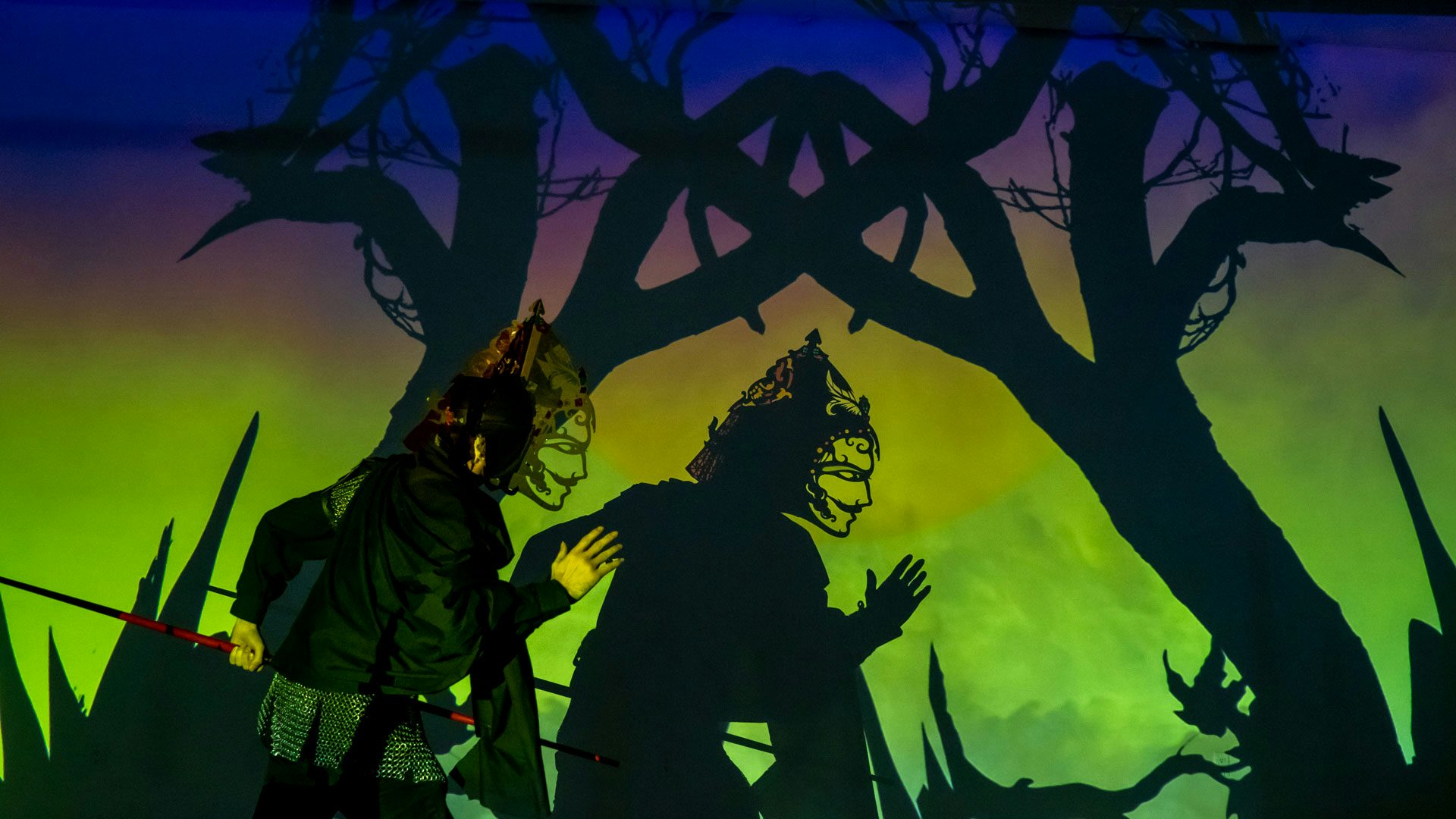A performer wears a large headpiece that casts a shadow next to them in between large shadows of trees. In the background, there is a rainbow ombre of light going from green along the ground to yellow, pink and then blue at the top.