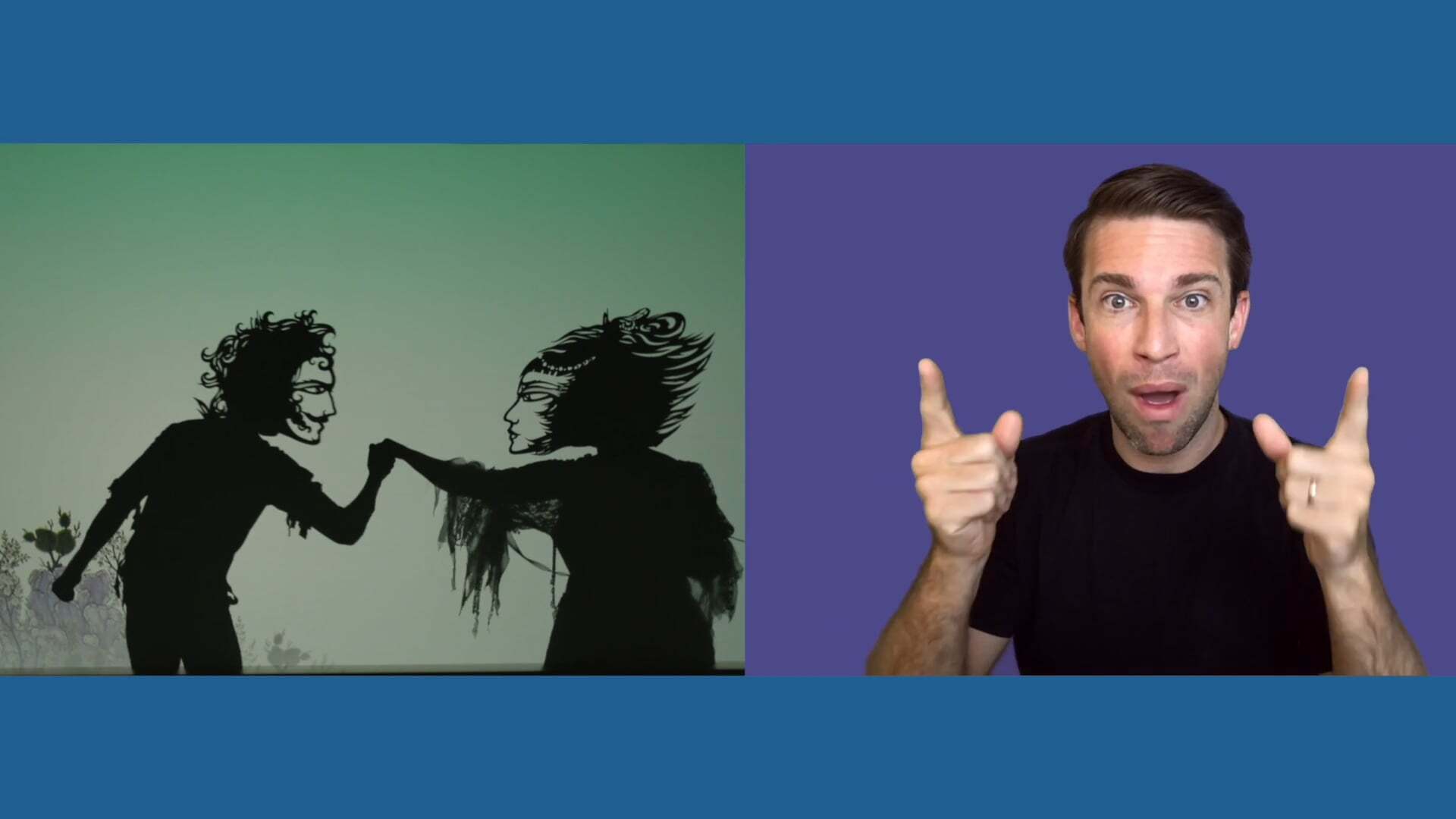 On the left, two shadow puppet people hold hands against a green background, and on the right, an ASL interpreter signs in front of a purple background.