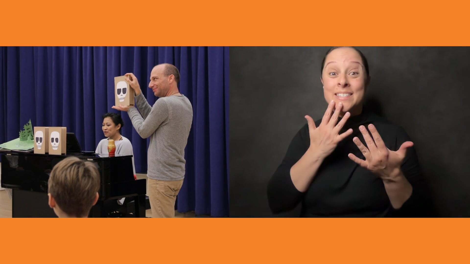 On the left, a performer in a gray shirt moves a puppet as another performer sits at a piano, and on the right, an ASL interpreter signs against a gray background.